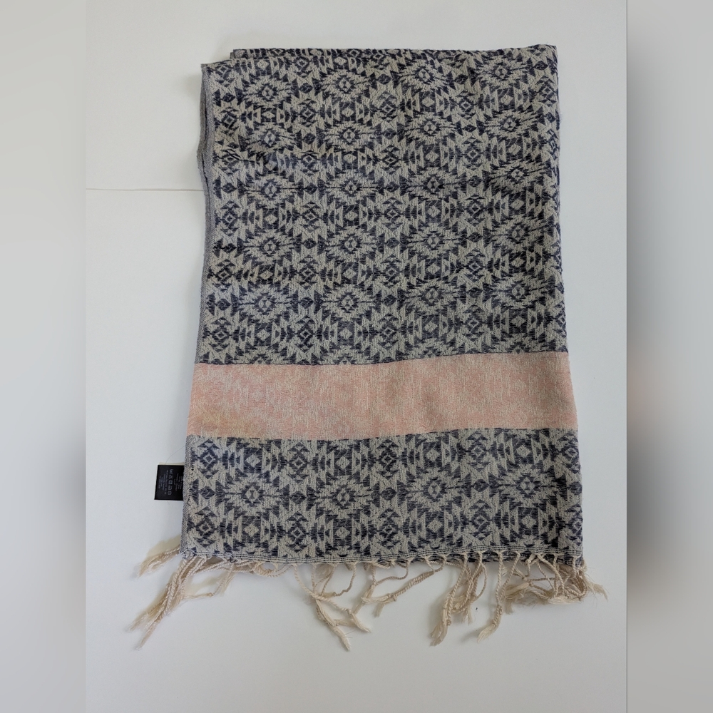 Patterned Fringe Scarf in Blue and Pink